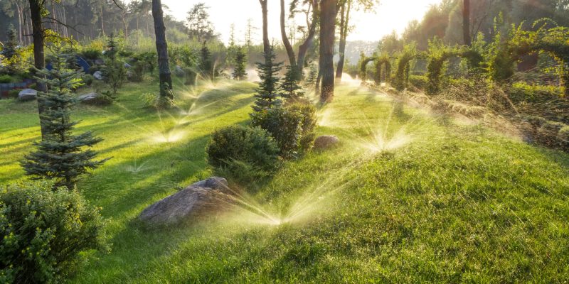The nozzle of the automatic watering system waters a green lawn.